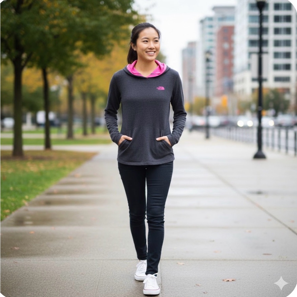 The North Face Charcoal Hoodie with Pink Trim